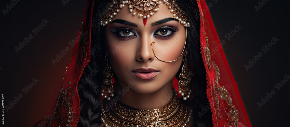 Wall mural The young Indian girl adorned with intricate ornaments posed as a model for a stunning portrait showcasing the red hues in her flawless skin blending the beauty of fashion art and her capti