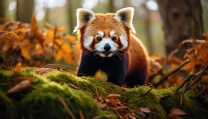 Fototapeta premium A Majestic Red Panda Strolling Through the Enchanting Woods