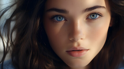 30 year old woman with radiant and fresh skin, photo shoot, beauty model, light background, close-up of face