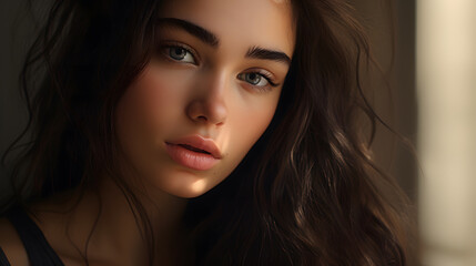 Naklejka premium 30 year old woman with radiant and fresh skin, photo shoot, beauty model, light background, close-up of face