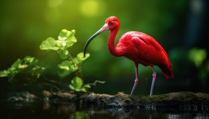 Naklejka premium A Majestic Scarlet Ibis Perched on a Weathered Stone