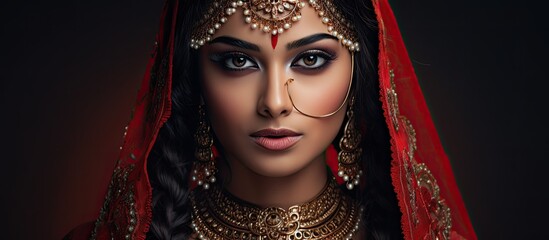 The young Indian girl adorned with intricate ornaments posed as a model for a stunning portrait showcasing the red hues in her flawless skin blending the beauty of fashion art and her capti
