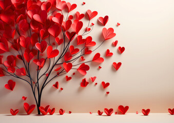 Abstract 3D background for Valentine's day - tree with red hearts on a light background - copy space for text