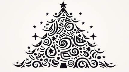  a black and white drawing of a christmas tree with stars and swirls on the bottom of the christmas tree.