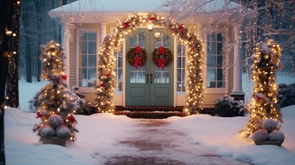  a house is decorated for christmas with wreaths and wreaths on the front door and side of the house.