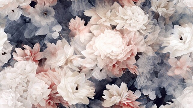  a bunch of white and pink flowers on a black and white background with some pink and white flowers in the middle of the picture.
