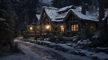 Charming Cottage Nestled in a Snowy Forest, Enhanced with Cool and Muted Tones to Evoke a Cozy and Enchanting Ambiance