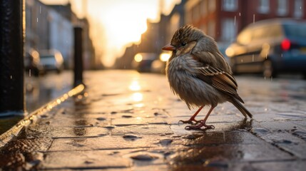  a small bird standing on the side of a wet road next to a street light with cars parked on the...