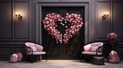  a couple of chairs sitting in front of a door with a heart shaped balloon in the middle of the room.
