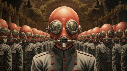 A propaganda poster from a dystopian world, evoking a sense of controlled conformity or imposed ideology through striking imagery and bold messaging.
