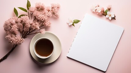 Obraz na płótnie Canvas a cup of coffee and a notepad on a pink background with pink flowers and a branch of cherry blossom.