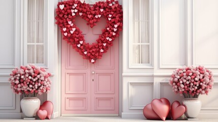  a couple of vases filled with pink flowers next to a heart shaped door with hearts hanging on the side of it.