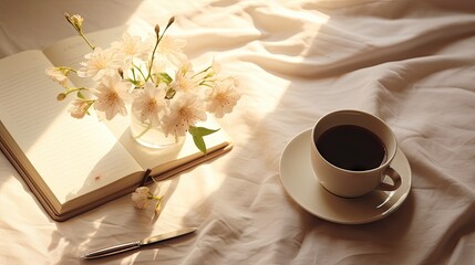 Fototapeta na wymiar a cup of coffee next to an open book and a pen on a white sheet with a flower in a vase.