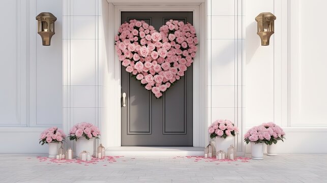  a heart - shaped arrangement of pink flowers sits in front of a door with two vases of pink roses in front of it.
