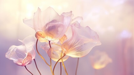 a close up of a bunch of flowers in a vase with sunlight streaming through the backround of the flowers.
