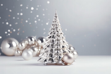A minimalistic New Year vista featuring a gleaming silver fir and gleaming background conveys a cheerful festive spirit.