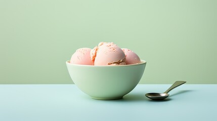  three scoops of ice cream in a green bowl with a spoon on a light blue surface next to a green wall. - Powered by Adobe
