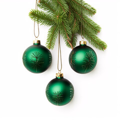 Decorative Christmas balls adorning a snowy white backdrop with foliage from a fir tree.
