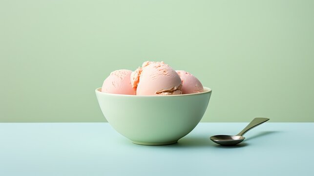  three scoops of ice cream in a green bowl with a spoon on a light blue surface next to a green wall.