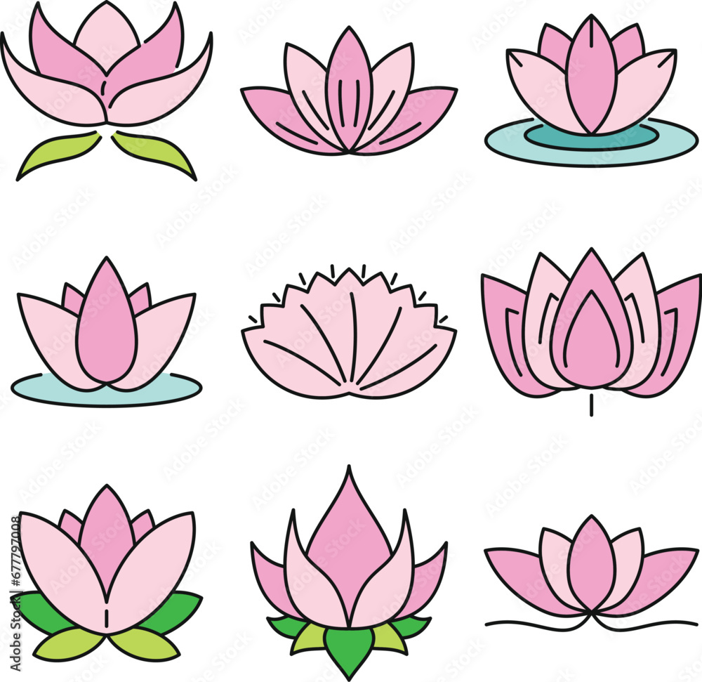Poster lotus icons set. outline set of lotus vector icons thin line color flat on white