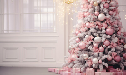 Christmas tree decorated with pink and white christmas balls in while big hall, Christmas decor, free space for text