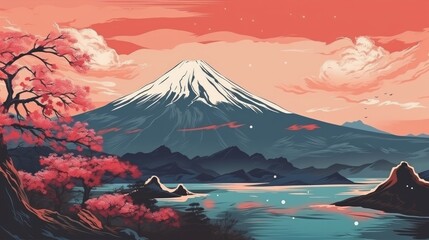 Capturing the majestic Fuji Mountain in a hand-drawn ink illustration, this artwork embodies the allure of sunrise or sunset. Perfect for wallpapers, invitations, packaging, and prints