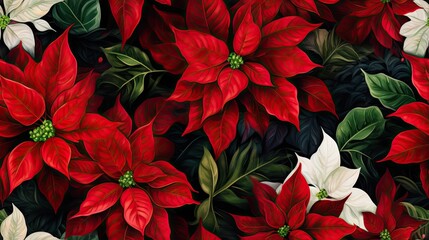  a large group of red and white poinsettis with green leaves on a black background with red and white poinsettis. - obrazy, fototapety, plakaty