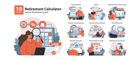 Retirement Calculator set. Navigating financial planning for golden years. Secure savings strategy, pension fund growth, managing retirement income. Flat vector illustration. - obrazy, fototapety, plakaty