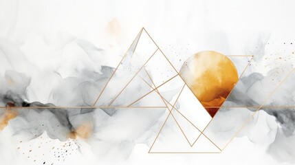 Geometric poster featuring watercolor, gold, and marble elements on a white backdrop. This abstraction brings forth a contemporary, modern, and trendy illustration with a touch of Nordic Scandinavian 