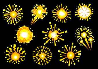 Set of gold fireworks. Salute image for holiday design.