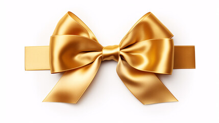 An ornamental gold bow with ribbon sitting on a pristine white background, perfect to commemorate a Christmas, Valentine's Day, or birthday.