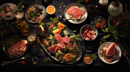  a table topped with plates of food and a bowl of fruit and a bowl of salad next to a plate of meat.