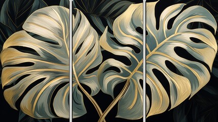 Transform your living room, bedroom, kitchen, or office with this captivating set of 3 canvases. Each piece showcases a luxurious floral background adorned with stunning golden monstera leaves