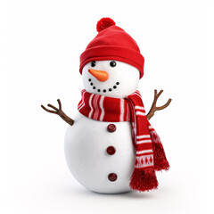 A snowman wearing a Santa cap and scarlet scarf is alone on a white backdrop.