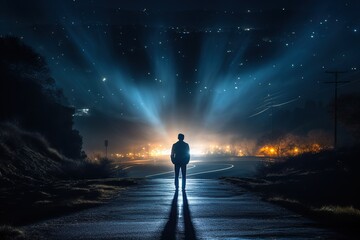 Rear view of a man standing on the road at night, Ai Generated