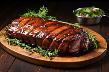 Succulent roasted pork with flavorful sauce and garnish, set against a dark backdrop.