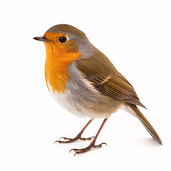 A solitary red robin (Erithacus rubecula) perched on blank white.
