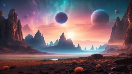 An alien landscape on a distant exoplanet with mountains tower. Ai Generative