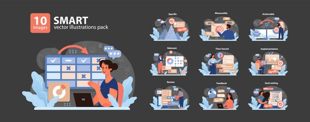 SMART goals set. Visual guide for effective planning. Characters defining specific, measurable tasks. Achieving targets. Reviewing progress. Goal refinement. Time management. Flat vector illustration