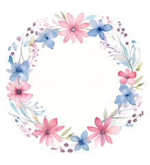 a watercolor wreath made from flowers and leaves on white background