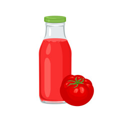 Tomato juice in bottle isolated on white background. Vector cartoon illustration of fresh vegetable drink.