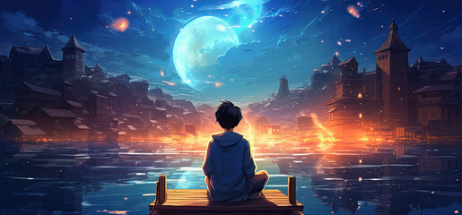 young, man sitting at wooden dock at pond surround with old city view, dreamy peaceful relaxing atmosphere, Ai Generative 