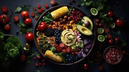  a bowl filled with assorted veggies next to a bowl of tomatoes, corn, and avocado.