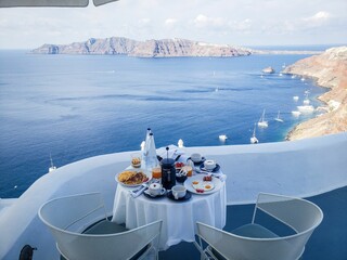 Aesthetic breakfast view in Santorini, Greece