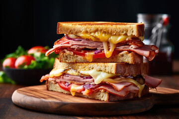 Club sandwich with ham cheese vegetables and grilled toast on wooden board