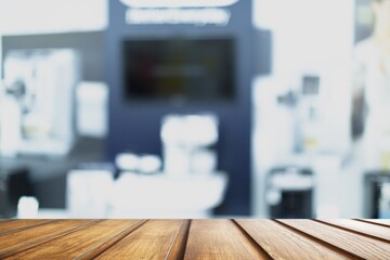 Blur workshop hardware tools with wooden floor or desk for products montage advertising background.
