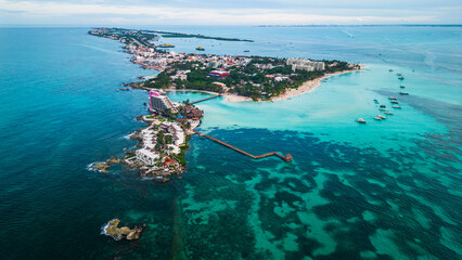 Aerial view of riviera Maya Isla de le mujeres in Cancun Mexico travel resort beach town 