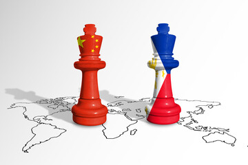 Chess made from China and Philippine flags on a world map. China and Philippine conflict