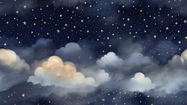  a painting of a night sky with stars and clouds in the foreground and a full moon in the background.