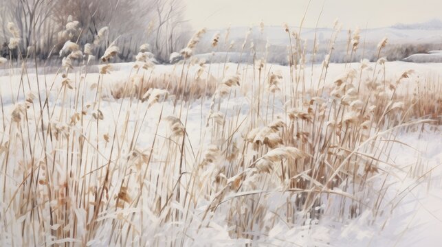  a painting of a snow covered field with tall grass in the foreground and a few trees in the background.